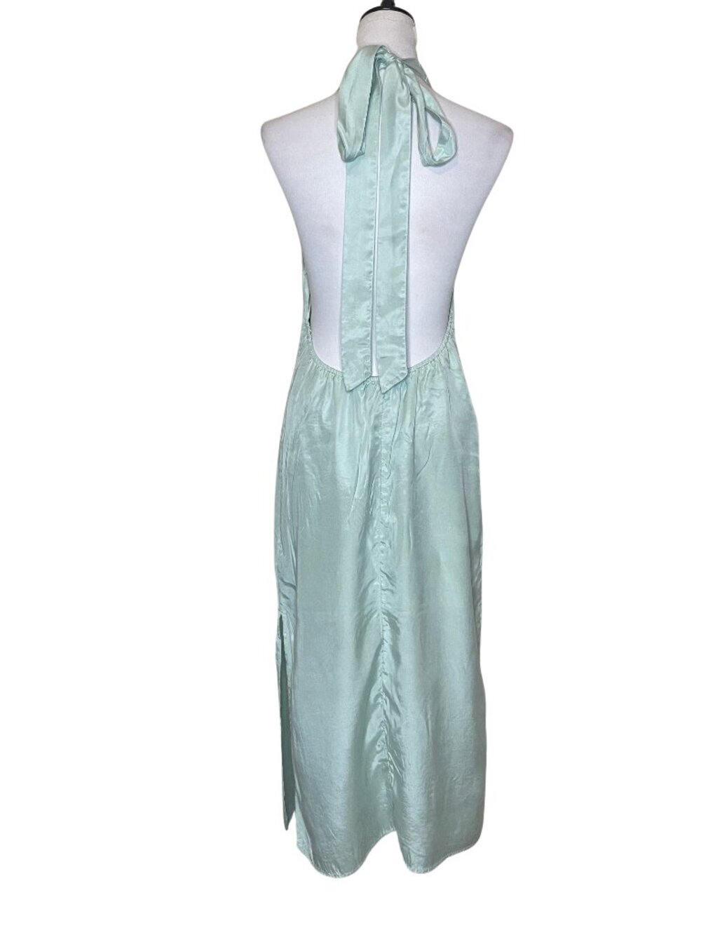 H&M Sage Green Lyocell Halter Maxi Dress Open Back Side Slit Clean Girl Size S - Picture 9 of 16